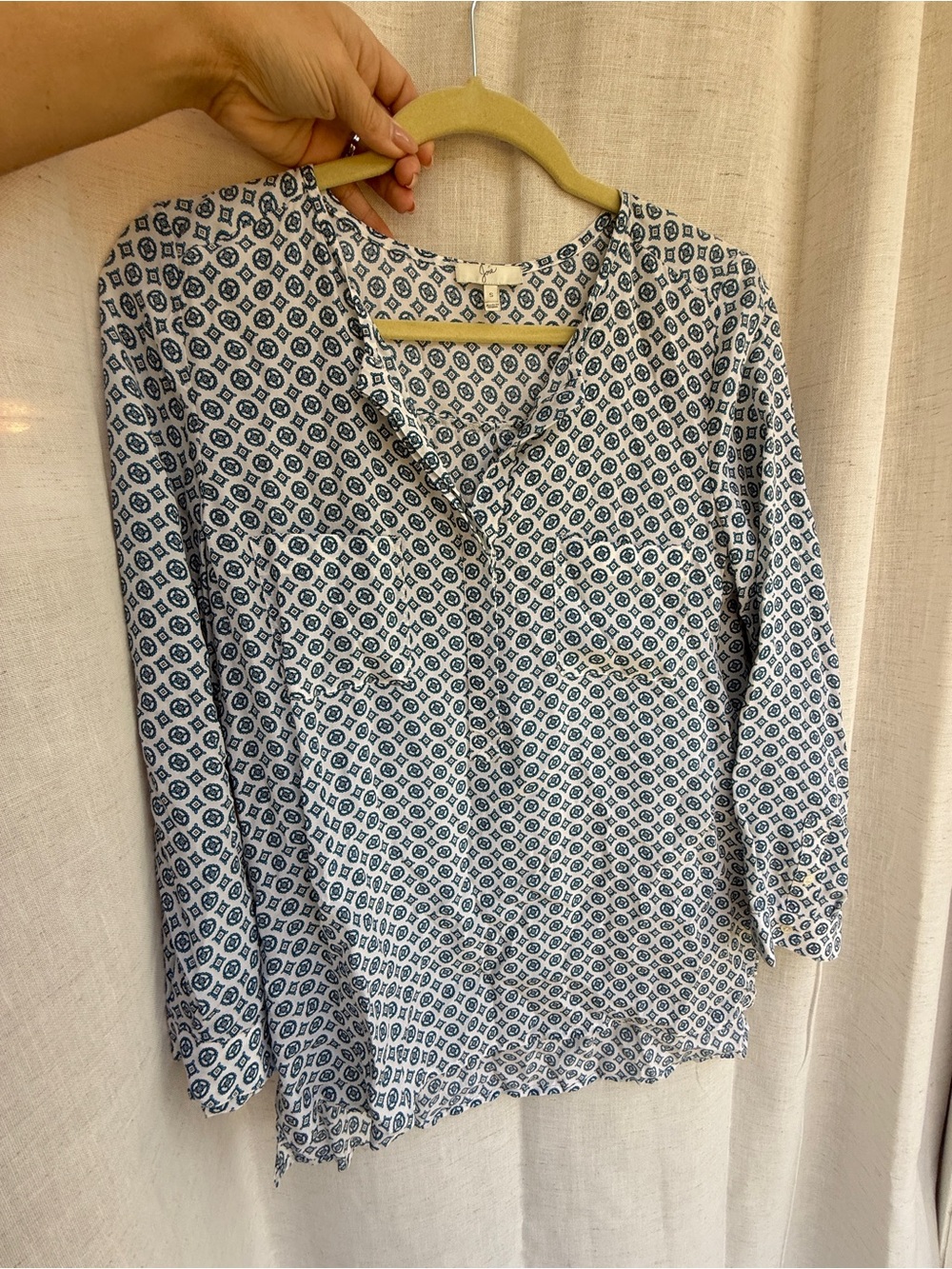 Joie 100% Silk Blue White Geometric Print Blouse Size S